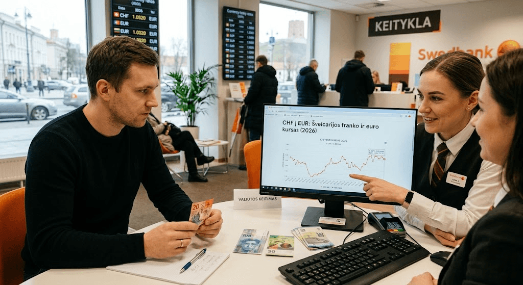 CHF į EUR: Viskas, ką reikia žinoti apie Šveicarijos franko ir euro kursą 2026 metais